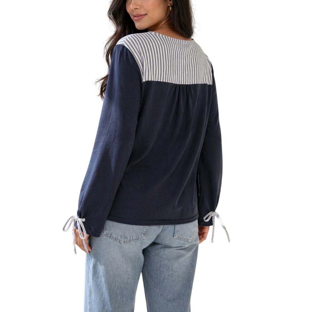 Vineyard Vines Navy Seersucker Tie Sleeve Knit Sweater Top Large